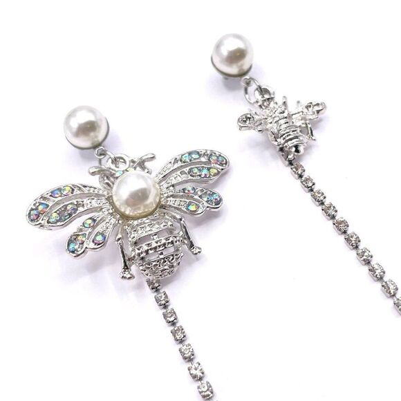 Silver with White and AB Crystal Mismatching Bees Post Back Earrings - Picture 4 of 8